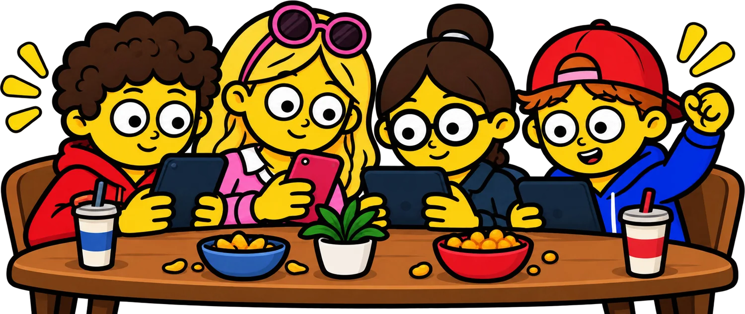 Four cartoon friends around a table playing Faul! on their phones