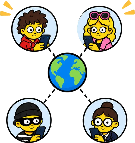 Four friends connected around a globe